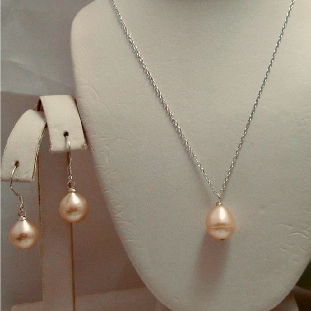 Freshwater Pink Pearls Pendant & Earrings On 925 Sterling Silver Set